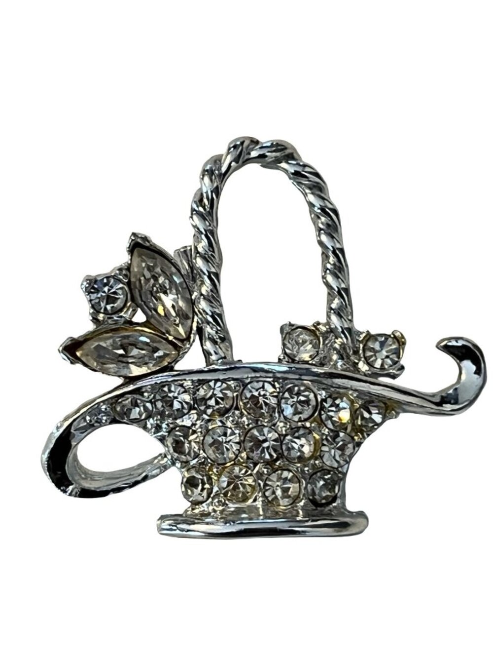 Vintage Rhinestone Watering Can Brooch Silver Tone Floral Pin Figural Garden Jew